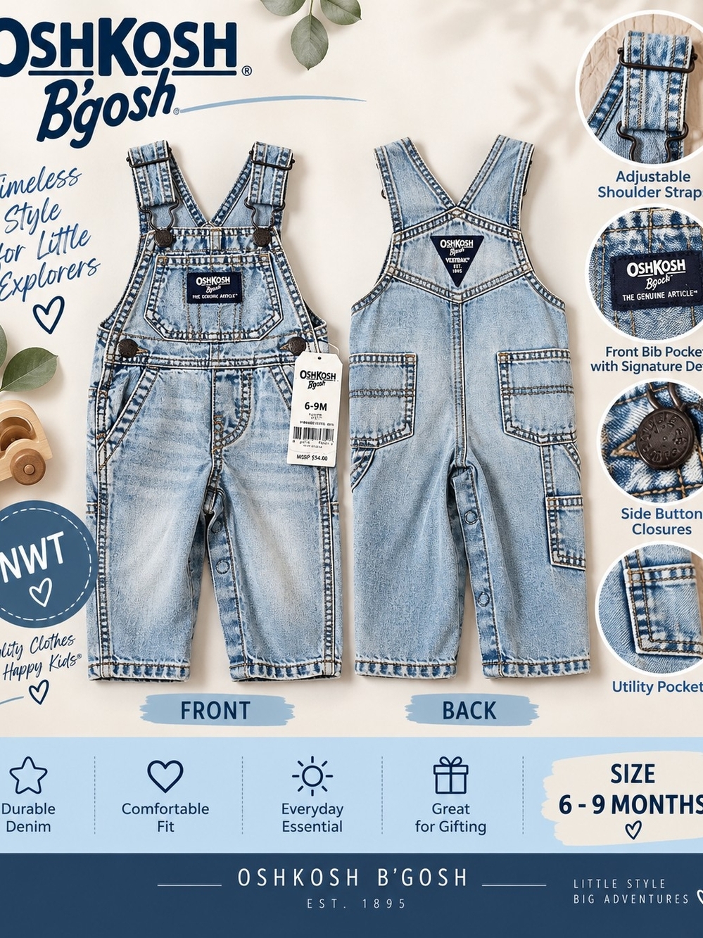 OshKosh B'gosh Light Blue Denim Baby Overalls - 6-9 Months